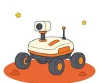 Mars exploration robot with rounded wheels on a small ground patch and tiny stars on a white background.