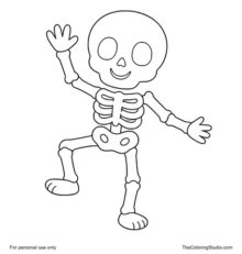 Smiling skeleton dancing with one arm raised and one knee lifted on a white background.