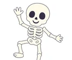 Smiling skeleton dancing with one arm raised and one knee lifted on a white background.