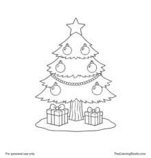 Decorated Christmas tree with six ornaments, garland, star topper and two wrapped gifts on snow.