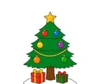 Decorated Christmas tree with six ornaments, garland, star topper and two wrapped gifts on snow.