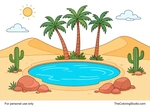 Desert oasis pool with three palm trees, dunes, cacti, and rocks on a white background.