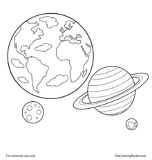 Earth with Saturn, the Moon, and tiny Pluto arranged together on a white background.