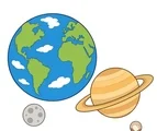 Earth with Saturn, the Moon, and tiny Pluto arranged together on a white background.