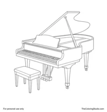 Classic grand piano with raised lid, curved body, keyboard, three pedals, sturdy legs, and matching bench.