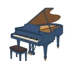 Classic grand piano with raised lid, curved body, keyboard, three pedals, sturdy legs, and matching bench.