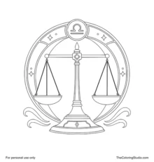 Balanced Libra scale with two matching pans inside a circular zodiac frame with curved panels and air ribbons.