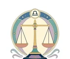 Balanced Libra scale with two matching pans inside a circular zodiac frame with curved panels and air ribbons.