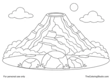 Rounded volcano with a glowing crater, gentle lava streams, rocks, clouds, and a small sun.