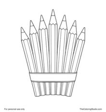 Seven sharpened colored pencils arranged in an upright fan and joined by a narrow paper band.