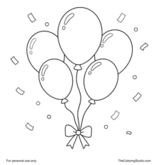 Five colorful birthday balloons arranged in a fan shape with simple strings, a small bow, and confetti on a white background.