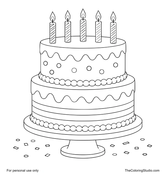 Two-tier birthday cake with five candles, colorful frosting bands, confetti, and a round stand on a white background.