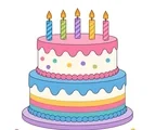 Two-tier birthday cake with five candles, colorful frosting bands, confetti, and a round stand on a white background.
