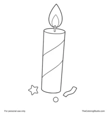 Tall striped birthday candle with a large flame, small star, curved confetti strip, and round dot on a white background.