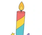 Tall striped birthday candle with a large flame, small star, curved confetti strip, and round dot on a white background.