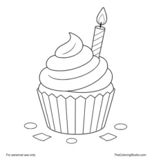 Birthday cupcake with a smooth frosting swirl, one lit candle, ridged wrapper, and confetti on a white background.
