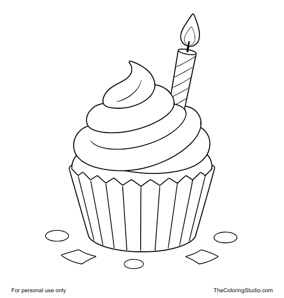 Birthday cupcake with a smooth frosting swirl, one lit candle, ridged wrapper, and confetti on a white background.