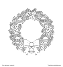 Circular Christmas wreath with holly, eight berries, four ornaments, a red bow and one brass bell.