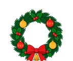 Circular Christmas wreath with holly, eight berries, four ornaments, a red bow and one brass bell.
