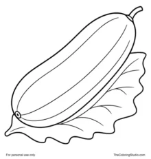 Fresh cucumber resting on a simple leaf with clean outlines and flat green color fills.