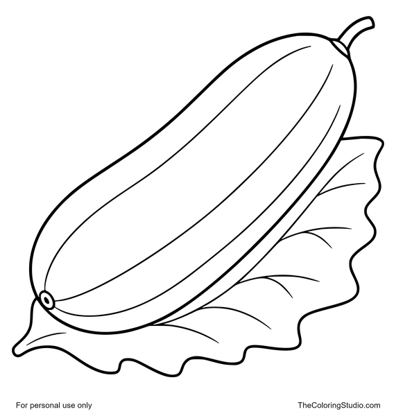 Fresh cucumber resting on a simple leaf with clean outlines and flat green color fills.