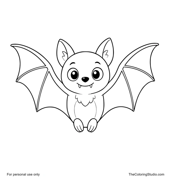 Friendly purple bat flying with wide open wings and tiny rounded fangs on a white background.