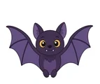Friendly purple bat flying with wide open wings and tiny rounded fangs on a white background.