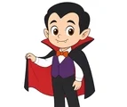Smiling vampire wearing a black cape, purple vest, and orange bow tie on a white background.