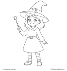 Smiling witch wearing a purple hat and holding a golden magic wand on a white background.