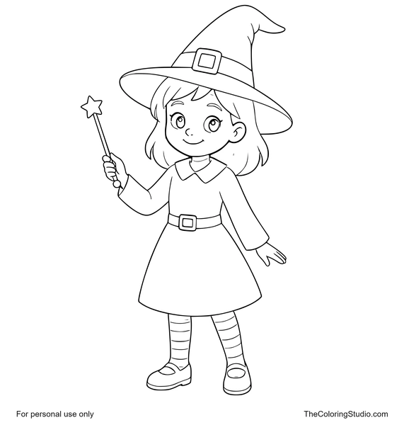 Smiling witch wearing a purple hat and holding a golden magic wand on a white background.