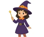 Smiling witch wearing a purple hat and holding a golden magic wand on a white background.