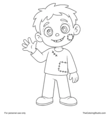 Smiling green zombie waving in a purple shirt and dark trousers on a white background.