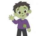 Smiling green zombie waving in a purple shirt and dark trousers on a white background.