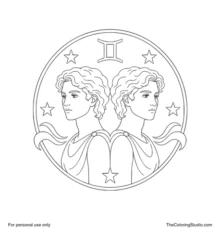 Two mirrored Gemini twins posed back-to-back inside a circular zodiac frame with six stars and flowing air motifs.