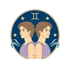 Two mirrored Gemini twins posed back-to-back inside a circular zodiac frame with six stars and flowing air motifs.