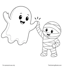 Smiling ghost and mummy sharing a clear high-five together on a clean white background.