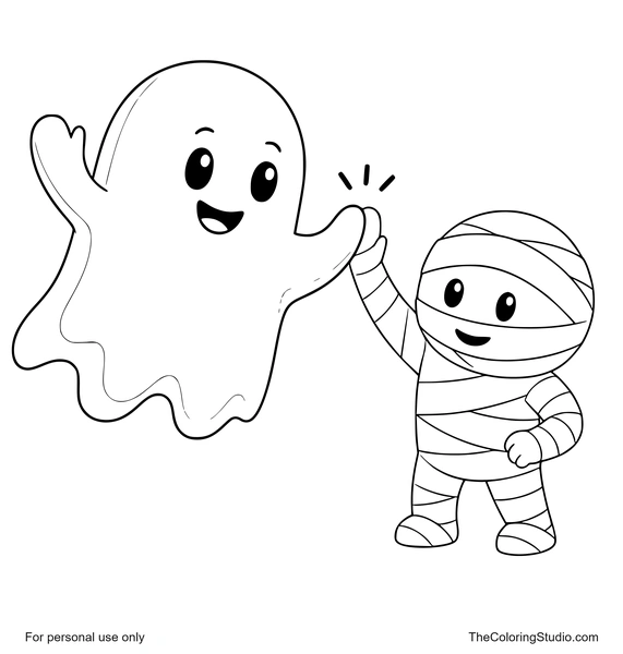 Smiling ghost and mummy sharing a clear high-five together on a clean white background.