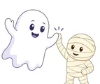Smiling ghost and mummy sharing a clear high-five together on a clean white background.