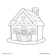 Gingerbread house with icing trim, six gumdrop candies, two candy canes, windows and a snowy roof.