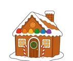 Gingerbread house with icing trim, six gumdrop candies, two candy canes, windows and a snowy roof.