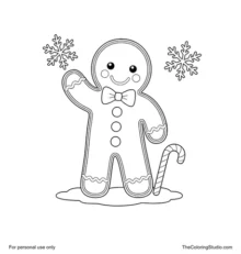 Gingerbread man with icing trim, red bow tie, three candy buttons, a candy cane and two snowflakes.