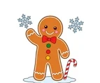 Gingerbread man with icing trim, red bow tie, three candy buttons, a candy cane and two snowflakes.