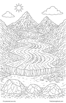 Glacier flowing through a mountain valley with ice crevasses, rock walls, a meltwater pool, and a small sun.