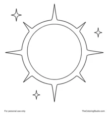 Solar eclipse with a dark moon disk, bright sun ring, simple corona rays, and small twinkles on white.