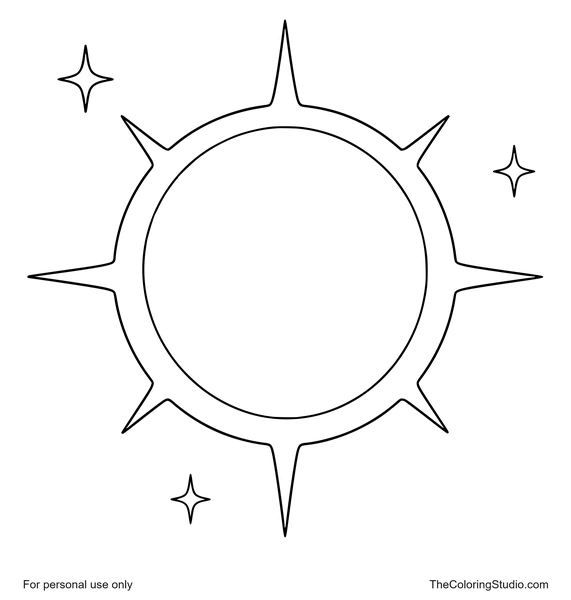 Solar eclipse with a dark moon disk, bright sun ring, simple corona rays, and small twinkles on white.