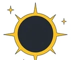 Solar eclipse with a dark moon disk, bright sun ring, simple corona rays, and small twinkles on white.