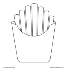 Eight golden french fries in a simple warm-red carton centered on a white background.