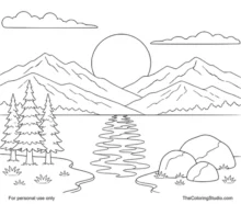 Low setting sun above mountain ridges and a lake with warm clouds, trees, rocks, and a bright reflection.