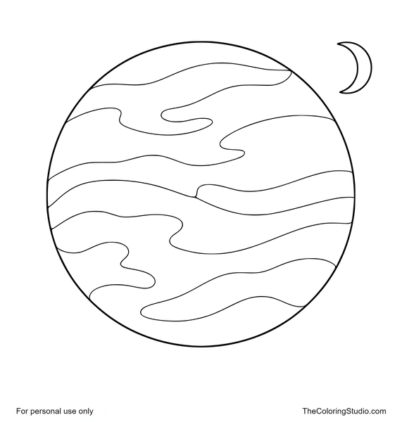 Golden Venus planet with broad cream bands and a small crescent moon on a white background.