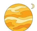 Golden Venus planet with broad cream bands and a small crescent moon on a white background.